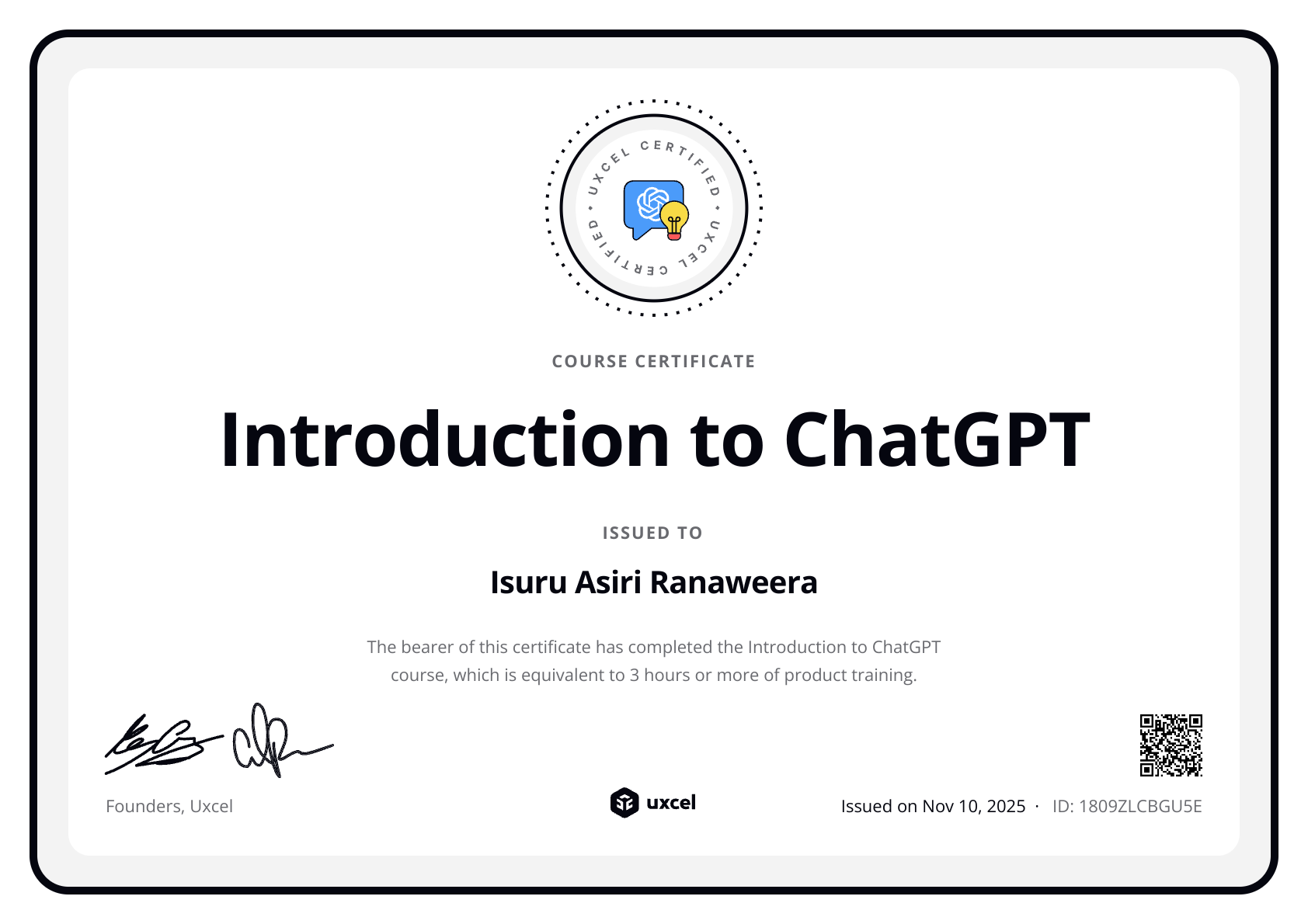 Isuru Asiri Ranaweera's certificate